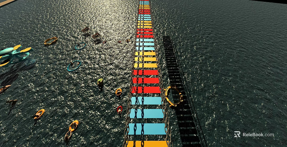 Sunlit Waterfront Swing Door With Colorful Planks And Floating Rings 3d model 