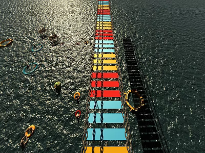 Sunlit Waterfront Swing Door With Colorful Planks And Floating Rings 3d model