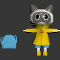 Cartoon Cat Character In Yellow Raincoat With Blue Backpack And Rain Boots