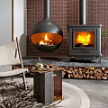 Modern Hanging And Traditional Black Fireplaces With Red Brick Wall Firewood Stack Chair Green Plant