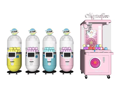 Various Colored Amusement Equipment With Gashapon Machines And Pink Claw Crane Toy Vending 3d model