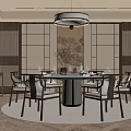 Traditional Chinese Private Dining Room With Round Table Wooden Decor And Pendant Light 3d model