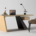Modern Wooden Desk With Black Metal Frame Laptop Desk Lamp Books And Brown Chair