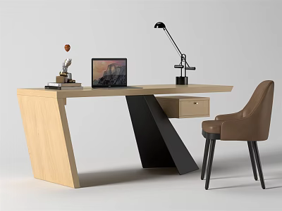 Modern Wooden Desk With Black Metal Frame Laptop Desk Lamp Books And Brown Chair 3d model