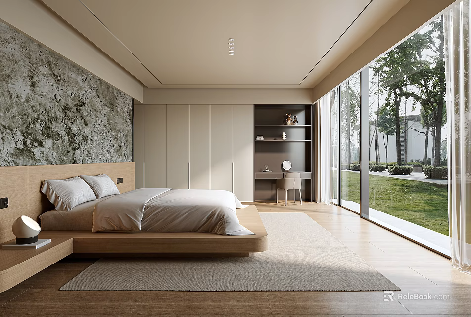 Modern Bedroom Interior Design With Wooden Bed Textured Wall And Large Windows Overlooking Green Lawn 3d model 