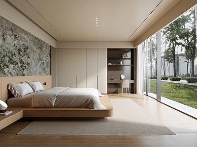 Modern Bedroom Interior Design With Wooden Bed Textured Wall And Large Windows Overlooking Green Lawn 3d model