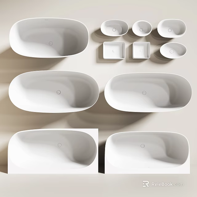 Modern White Bathtub Collection Featuring Different Shapes And Small Square And Round Containers 3d model 