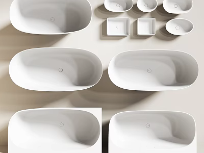 Modern White Bathtub Collection Featuring Different Shapes And Small Square And Round Containers 3d model