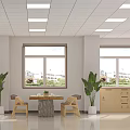 Public Service Hall Interior With Windows Buildings Outside White Counter Metal Bench And Self-Service Machines