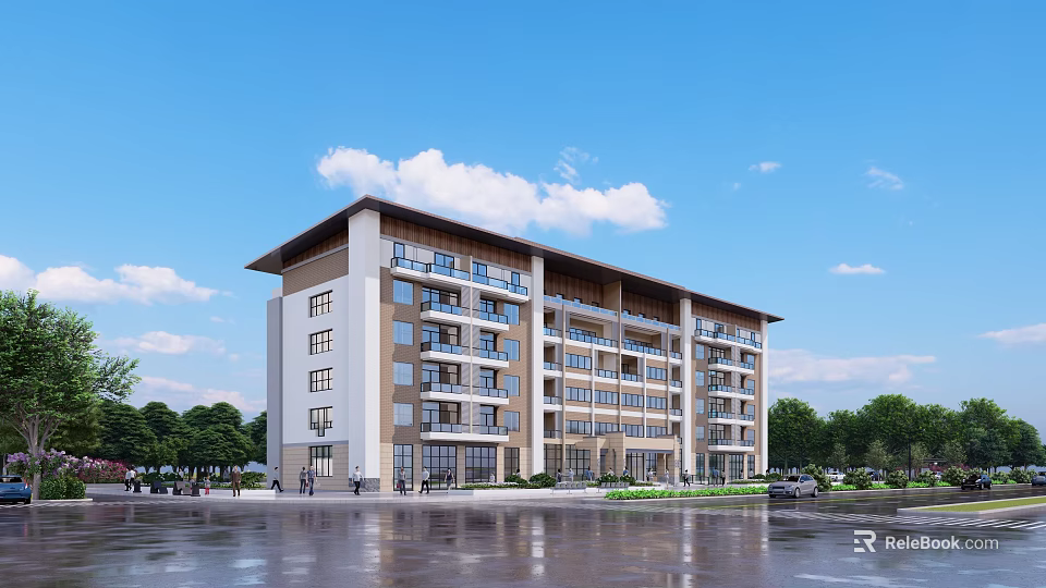 Modern Sales Office Building With Large Windows Greenery And Clear Blue Sky 3d model 