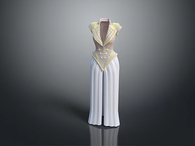 Stylish White High Waist Trousers With Gold Trimmed Sleeveless Vest 3d model