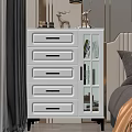 White Chest of Drawers With Golden Handles And Glass Door Cabinet In Bedroom
