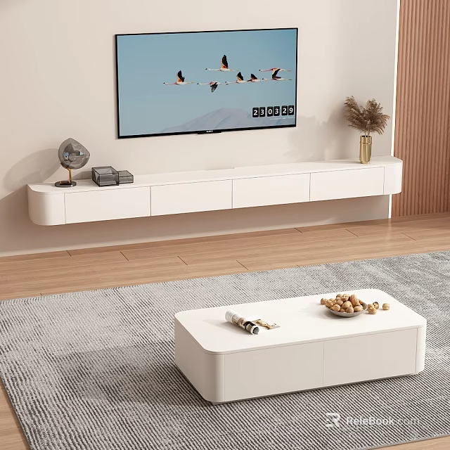 Modern White Floating TV Stand With Flamingo TV Screen And Pampas Grass Decor In Living Room 3d model 
