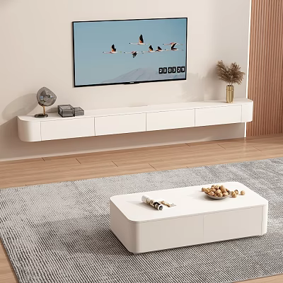 Modern White Floating TV Stand With Flamingo TV Screen And Pampas Grass Decor In Living Room 3d model