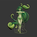 3D Game Movie Character With Green Long Hair And Plant Leaf Decorations