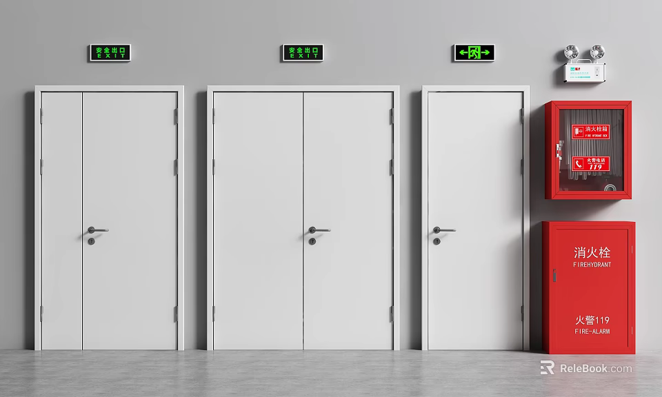 White Fire Doors With Green Emergency Exit Signs And Red Fire Equipment 3d model 