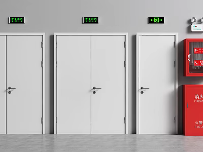 White Fire Doors With Green Emergency Exit Signs And Red Fire Equipment 3d model