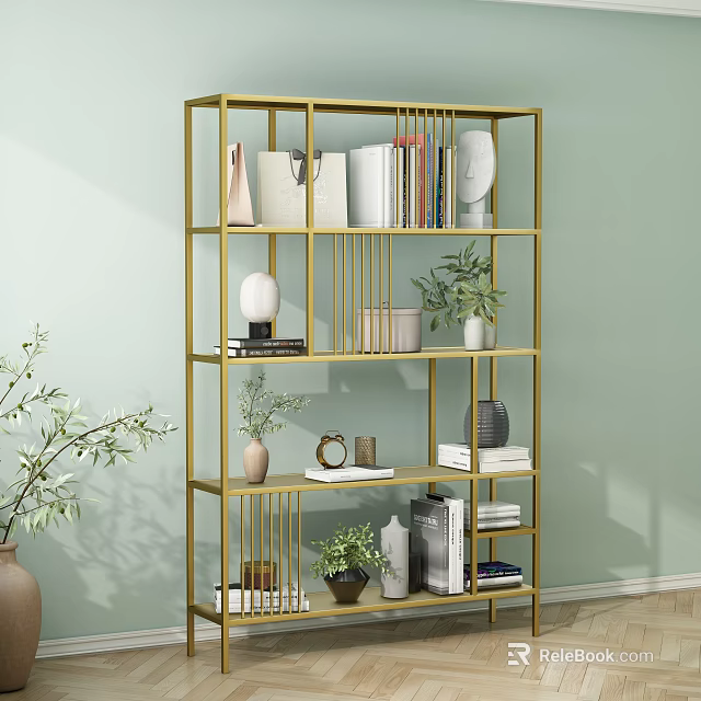 Golden Modern Shelving Unit with Books Decorative Items Plants And Vases Against Light Green Wall 3d model 