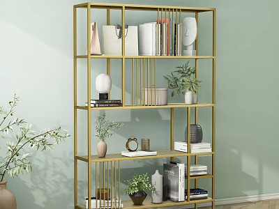 Golden Modern Shelving Unit with Books Decorative Items Plants And Vases Against Light Green Wall 3d model
