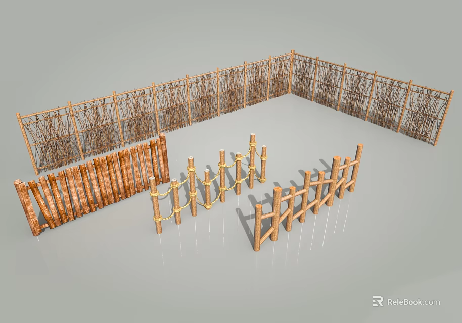 Various Wooden Garden Fence Designs With Bamboo Woven Panels And Decorative Styles 3d model 