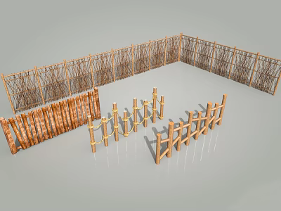 Various Wooden Garden Fence Designs With Bamboo Woven Panels And Decorative Styles 3d model