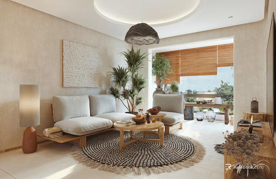 Modern Living Dining Room Interior Design With Sofa Coffee Table And Plants 3d model 