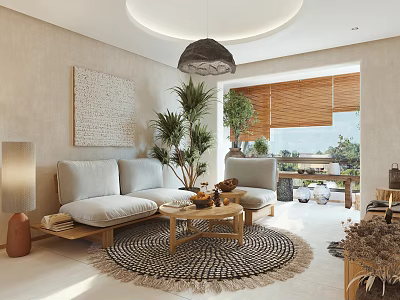 Modern Living Dining Room Interior Design With Sofa Coffee Table And Plants 3d model