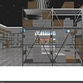 Warehouse Interior With Organized Metal Shelves And Stacked Gray Brown Boxes