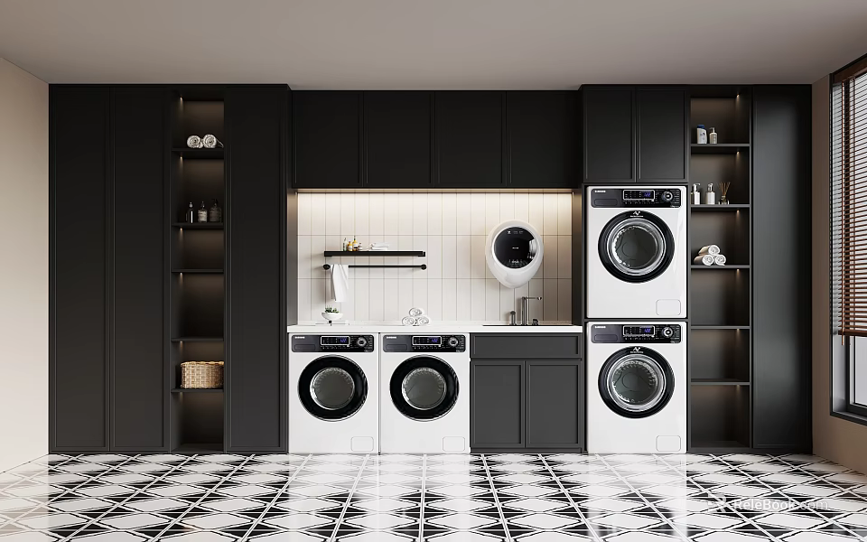 Modern Laundry Room With White Washing Machines Black Cabinets And Tiled Floor 3d model 