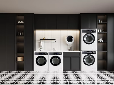 Modern Laundry Room With White Washing Machines Black Cabinets And Tiled Floor 3d model