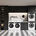 Modern Laundry Room With White Washing Machines Black Cabinets And Tiled Floor