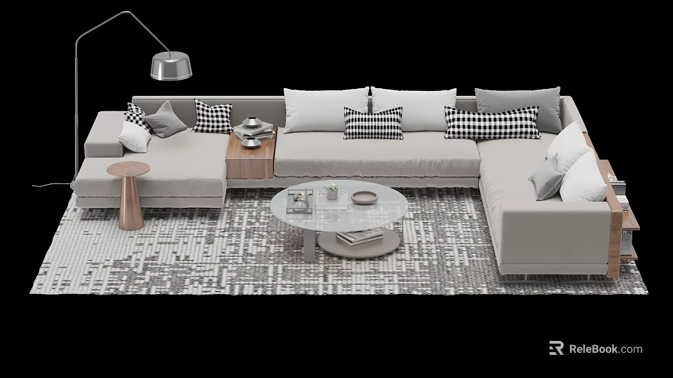Modern Sofa Coffee Table Set with Plush Patterned Pillows Glass Top and Textured Rug 3d model