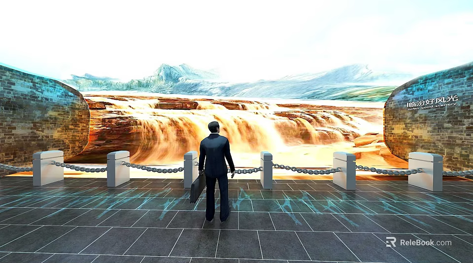 Man In Suit Viewing Waterfall Mural With Mountain Landscape Stone Pillars Chain Fence Stone Floor 3d model 
