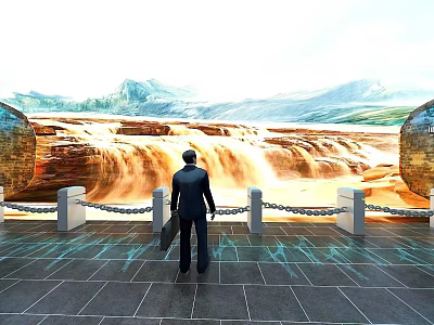 Man In Suit Viewing Waterfall Mural With Mountain Landscape Stone Pillars Chain Fence Stone Floor 3d model