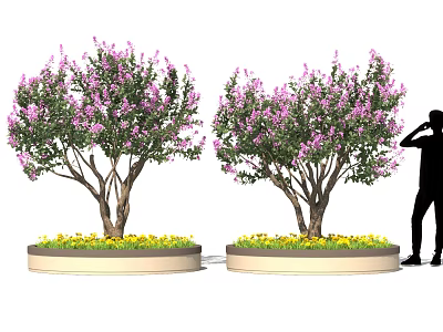 Bonsai Trees With Purple Flowers Thick Trunks And Yellow Floral Decoration Near Human Silhouette 3d model