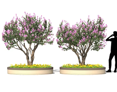 Bonsai Trees With Purple Flowers Thick Trunks And Yellow Floral Decoration Near Human Silhouette 3d model