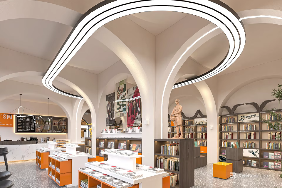 Book Art Themed Library Interior With Arches Bookshelves Sculpture And Modern Lighting 3d model 