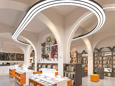 Book Art Themed Library Interior With Arches Bookshelves Sculpture And Modern Lighting 3d model