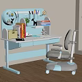 Light Blue Kids Desk Interior With Bookshelf Stationery Books And Rolling Chair