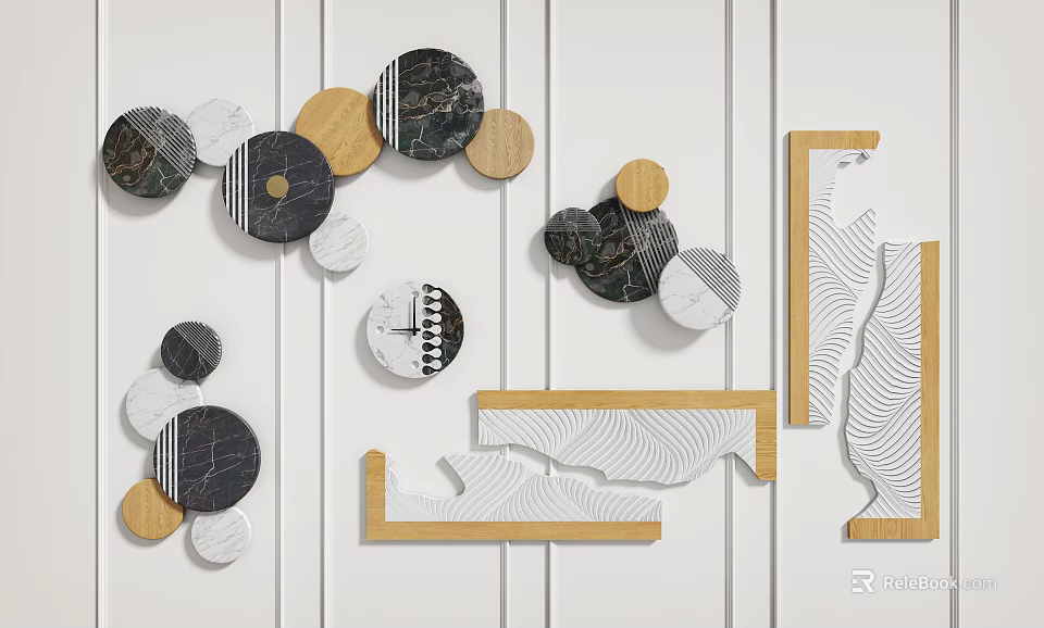 Modern Stylish Geometric Wall Decor with Marble Wooden Circular Textured Elements 3d model