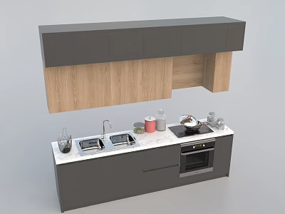 Modern Kitchen Cabinets With Gray And Wooden Panels White Countertop And Appliances 3d model