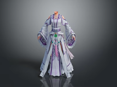 Elegant Purple And White Traditional Robe With Flowing Sleeves And Embroidered Patterns 3d model