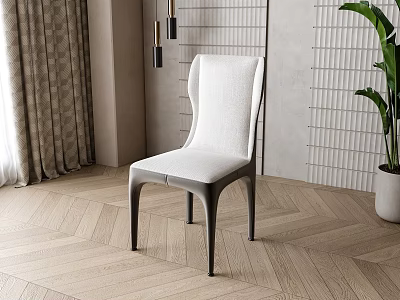 Modern White Fabric Accent Chair in Interior with Wooden Floor and Green Plant 3d model