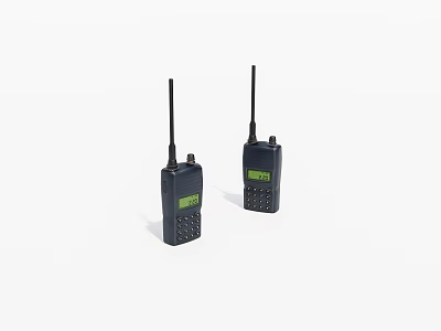 Two Handheld Black Walkie Talkies With Antennas And Green Displays 3d model