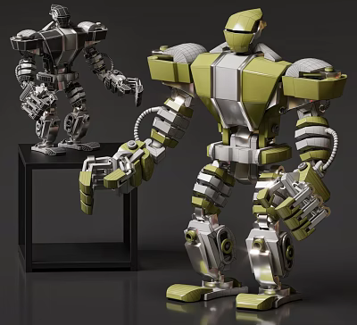 Intelligent Robot Display Models With Green Silver Black Mechanical Design On Stand Featuring Detailed Structure 3d model