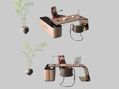 Modern Office Desk Design With Ergonomic Chair Laptop And Green Plant 3d model