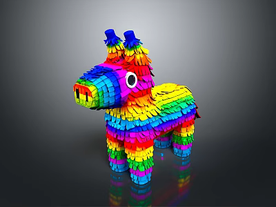 Colorful Donkey Shaped Piñata With Vibrant Paper Strips And Blue Ears 3d model