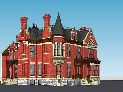 Historic Building With Red Brick Structure Steep Roof Towers And Decorative Windows 3d model