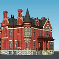 Historic Building With Red Brick Structure Steep Roof Towers And Decorative Windows