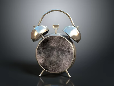 Silver Vintage Alarm Clock With Double Bells Handle And Textured Face 3d model